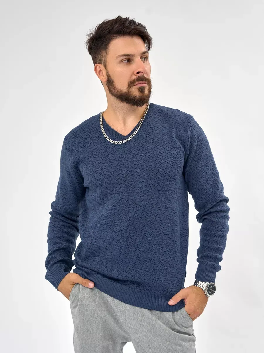 Solid blue V-neck sweater