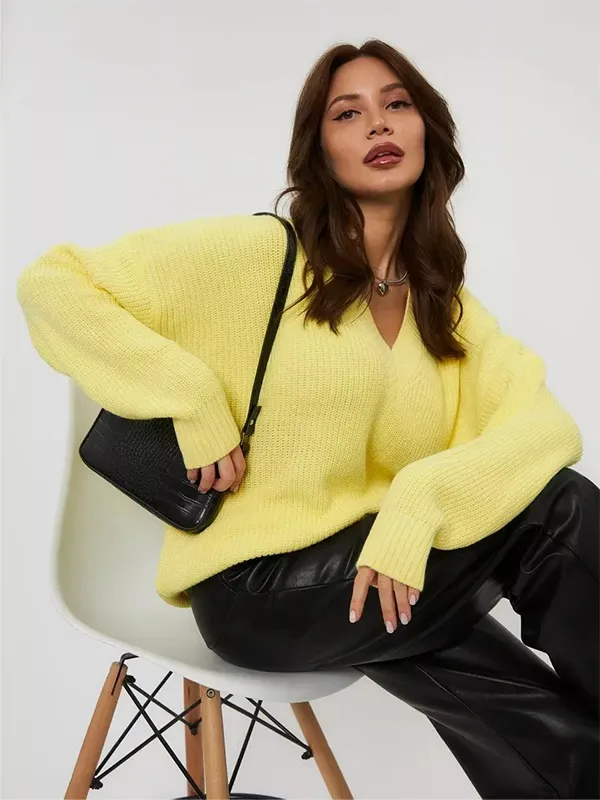 Lemon yellow V-neck knit sweater