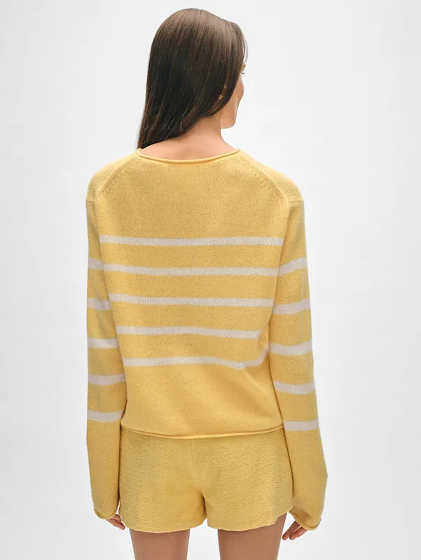 Women’s Roll Trim Cream Yellow Stripe Sweater