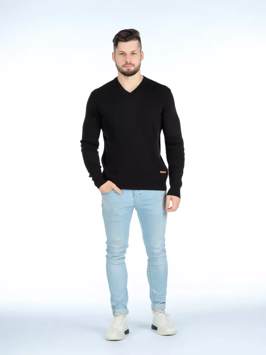 Solid black V-neck sweater