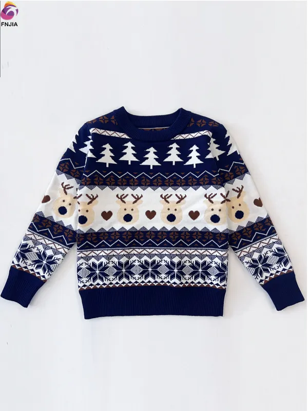 Dark blue jacquard knit kid's Christmas sweater