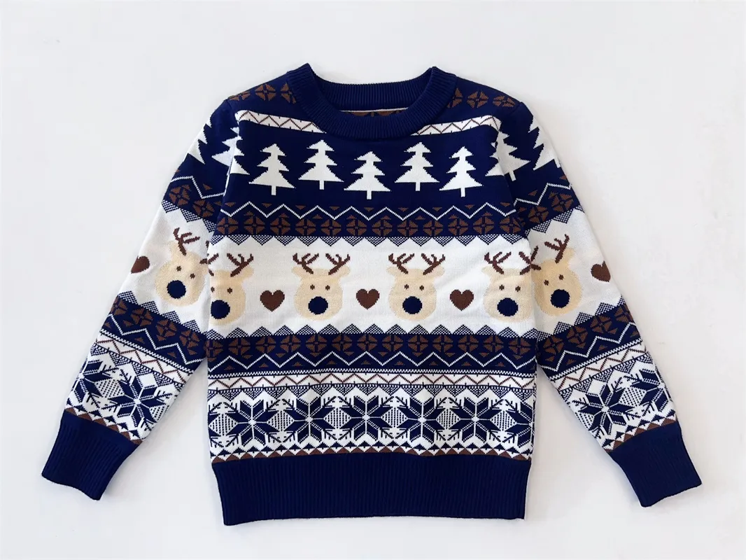 Dark blue jacquard knit kid's Christmas sweater