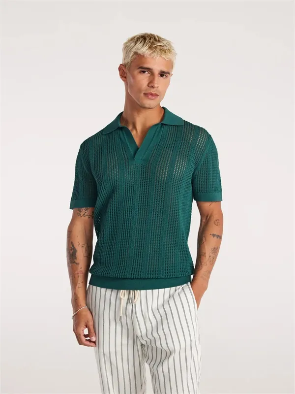 Custom Men's Dark Green Knitted Polo Shirt